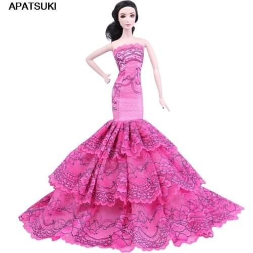 Pink Off-Shoulder Evening Party Gown for Barbie Doll Clothes Outfits Lace Mermaid Dresses for Barbie Kids DIY Toys Gifts