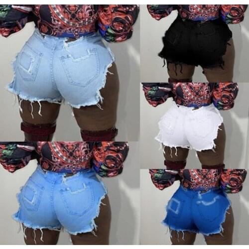 Summer 2021 Women ripped Denim Shorts Fashion Sexy Club Hole Tassels High Waist Shorts Streetwear Casual Shorts Jeans Feminino