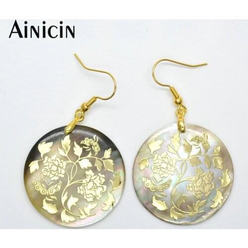 4pairs 32mm Diameter Rose Flower Stealth Mosaic On Natural Shell Fashion Women Dangle Earrings