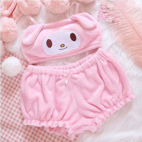 Women Erotic Lingerie Japanese Cartoon Girl Underwear Kawaii Rabbit Ear Straps Cotton Plush Tube Top Sexy Ladies Bra Shorts Set