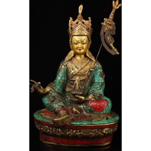 13"Tibet Buddhism Old Bronze Gem Painted outline in gold Padmasambhava Tibetan Buddha Guru Rinpoche Enshrine the Buddha