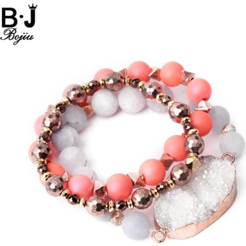 3 Pcs/Set Natural Druzy Stone Charm Bracelets For Women Gray Agates Cut Crystal Orange Plastic Beads Bracelets Femme BCSET276