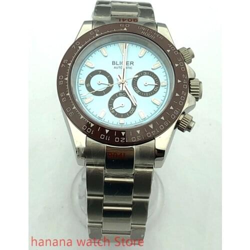 BLIGER Brand Root Beer Rose Gold Automatic Men Watch Sapphire Glass GMT Hand Date Window Mental Strap Ceramic Bezel
