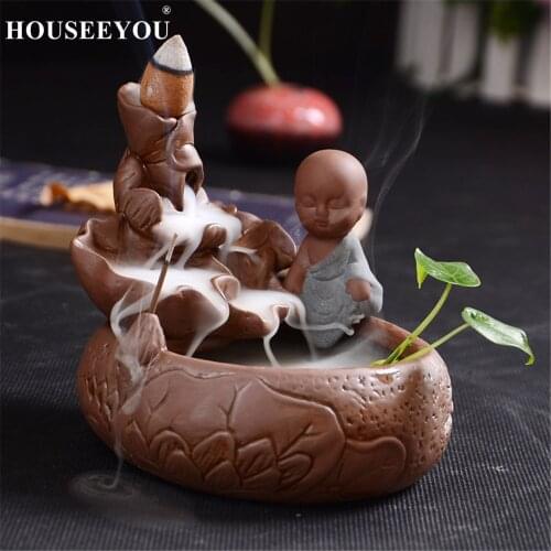 HOUSEEYOU Backflow Incense Burner Holder Ceramic Little Monk Small Buddha Waterfall Stick Sandalwood Censer Creatives Home Decor