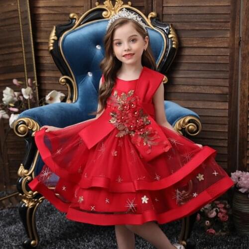 Child Red Embroidered Flower Girl Wedding Dress Cotton Crew Neck Party Dress For Girl 2-10 Year Sleeveless