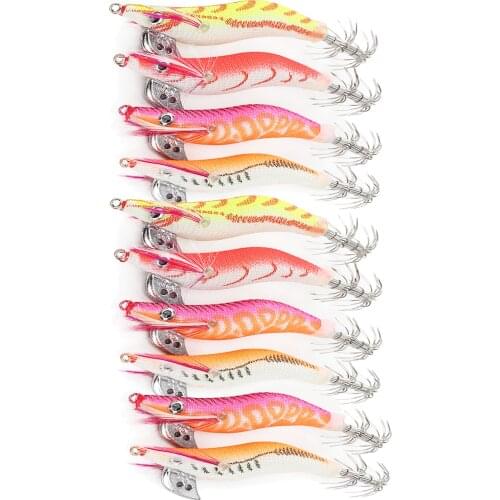 FreeFisher 10 pcs/set Simulation Luminous Wooden Shrimp Squid Hook 8cm 8g Fishing Lures Bionic Fishing Bait