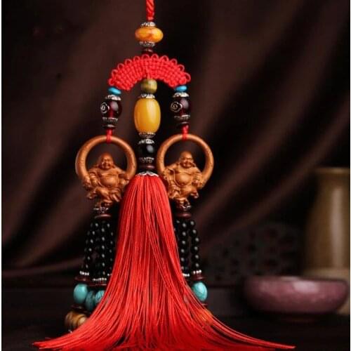Chinese Peach Wood Carved Happy Buddha Maitreya Buddha Giving Safe And Good Luck Exquisite Car Pendant