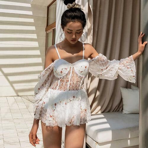 Korean Version Sling One-Shoulder Long-Sleeved Lace Pattern Dress Backless New One-Piece Sunscreen Hot Spring Swimsuit Bikini