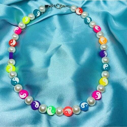 Harajuku colorful resin ying yang bead necklaces for teenage girls pearl plastic strand necklace summer beach 90s jewelry y2k