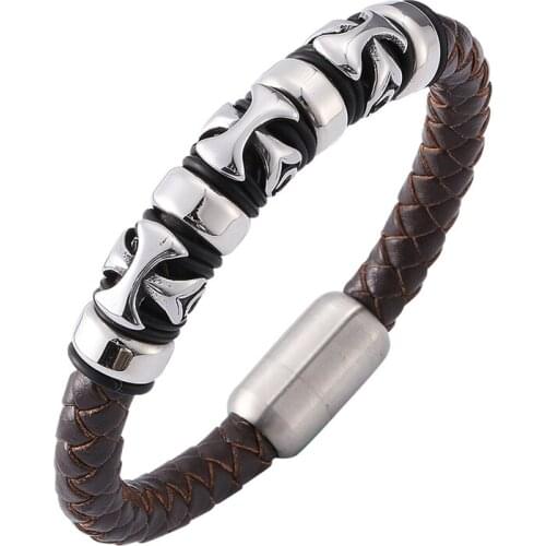 Newest Men Jewelry Brown Woven Leather Bracelet Cross Mens Stainless Steel Magnetic Buckle Fashion Bracelet Men PD0156