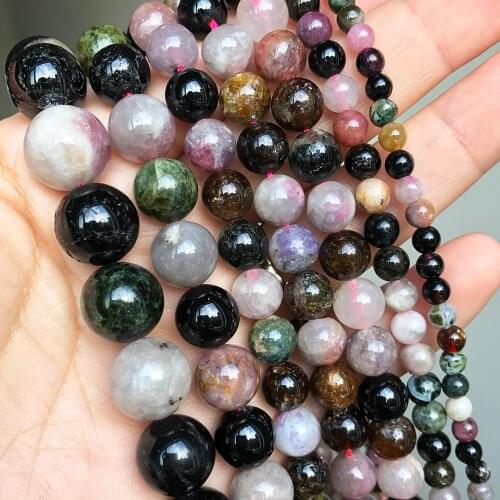 Natural Stone AB Colorful Tourmaline Round Loose Beads For Jewelry Making DIY Bracelet Accessories 15''Inches 4 6 8 10 12mm