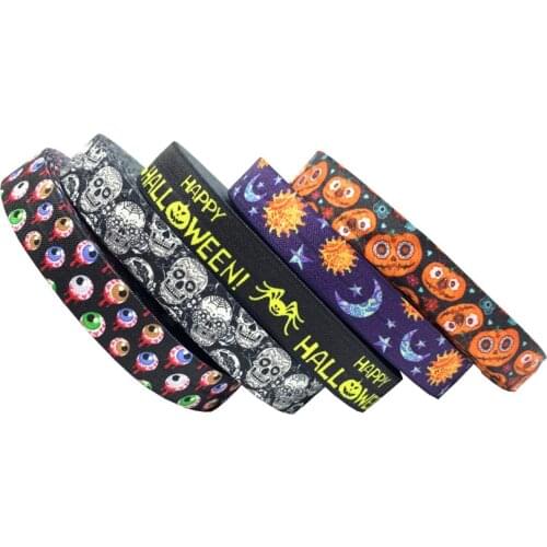 New Style 10Y 15mm Halloween Patterns Print Fold Over Elastic FOE Ribbon Webbing For Headwear Hair Sewing Accessory