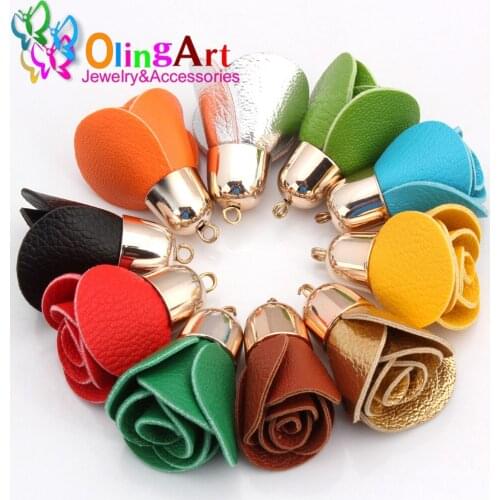 Free shipping 42mm 4pcs/lot Gold hat Mix Color Artificial leather Rose shape Tassel Earring Pendant DIY Jewelry Making OlingArt
