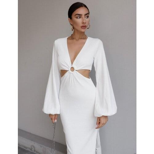 Elegant Party Women Dress Slim V Neck Long Sleeves Irregularity Style Sexy Loose Mid Calf Pencil Dress Lady Solid Puff Sleeve