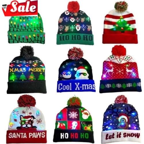 LED Christmas Hat Sweater Knitted Beanie Christmas Light Up Knitted Hat Christmas Gift Adult Kids Xmas 2022 New Year Decorations