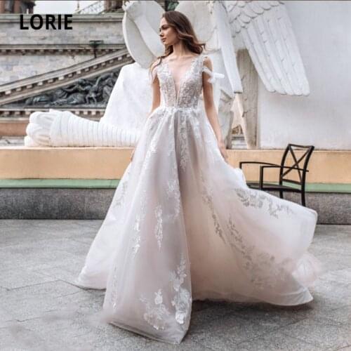 LORIE Bohemian Wedding Dresses V Neck Appliques Lace A-Line backless Tulle Princess Boho Bridal Gown 2021 vestidos de novia