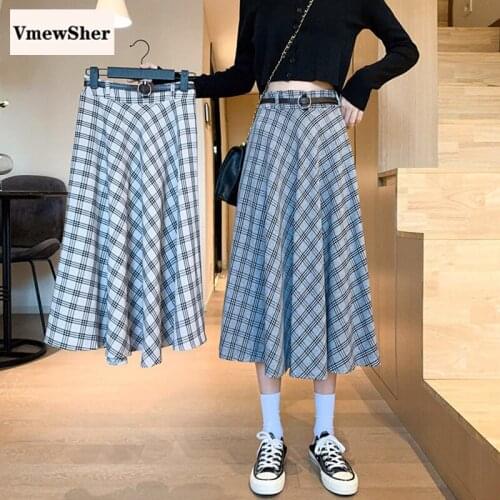 VmewSher New Elegant Autumn Women Skirt with Belt Plaid Mid-calf Long Harajuku Spring Preppy Style Fashion A-line Skirts Stylish