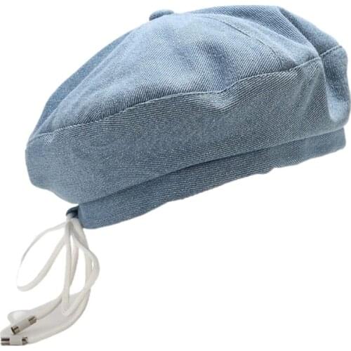 Japanese Women Autumn Denim Cotton Beret Cap Sweet Ribbon Lace-Up Bowknot Vintage Elegant Newsboy Painter Beanie Hat