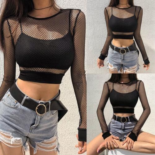 2021 Fashion Womens Ladies Sexy Long Sleeve Hollow Out See Through Mesh Fishnet Crop Top Blouse
