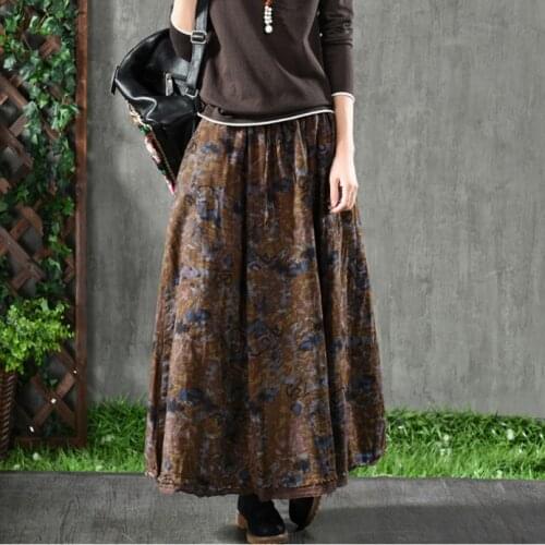 Autumn Winter Skirt Retro Women Loose Baoken flower Casual Skirt Elastic Waist pocket Female 2018 Blended Print Nationtl Skirt