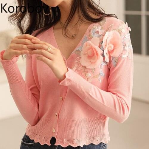 Korobov Autumn Winter Japanese Sweet Sweaters Korean Flower Knit V Neck Long Sleeve Jumpers Vintage Elegant Chic Sueter Mujer