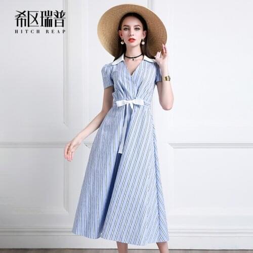 High End Designer Striped V-Neck Waist Long Skirt Cotton Linen Dress Long 2021
