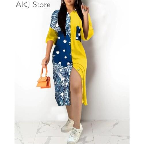 Women Clolorblock Print Patchwork Long Sleeve Single Breasted Shirt Dress