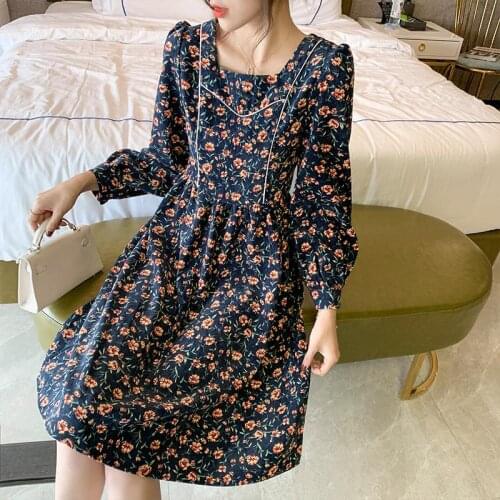 Korean Corduroy Floral Office Ladies Loose Dress Women 2021 Spring Literary Slim Elegant Casual Commuter High-waisted Dresses