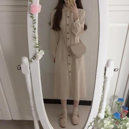 Women Spring Long Sleeve Long Shirt Dress Elastic High Waist Slim Fit Turn-down Collar Dresses Casual Solid Color