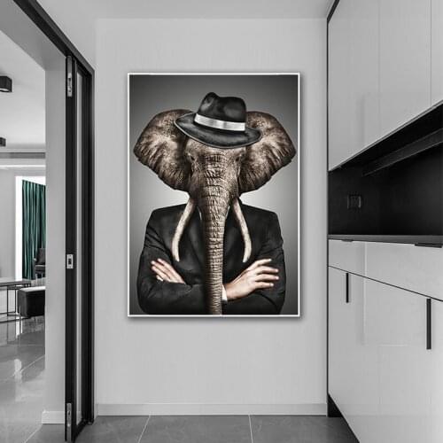 Elephant Gentleman Canvas Painting Animal Cosplay Vintage Posters and Prints Tiger Zebra Wall Picture for Living Room Decoration