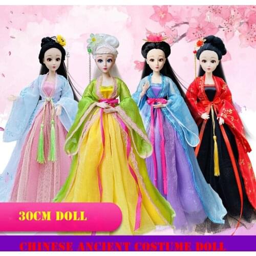 1/6 Scale 30cm Ancient Costume Long Hair Fairy Hanfu Dress Princess Barbi Doll Double Joints Body Model Toys Gift For Girl B0369
