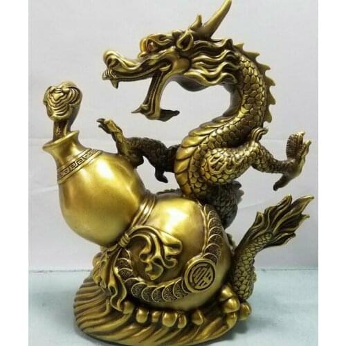 12"China Pure Bronze Fengshui Dragon Dragons Gourd cucurbit Ruyi Statue