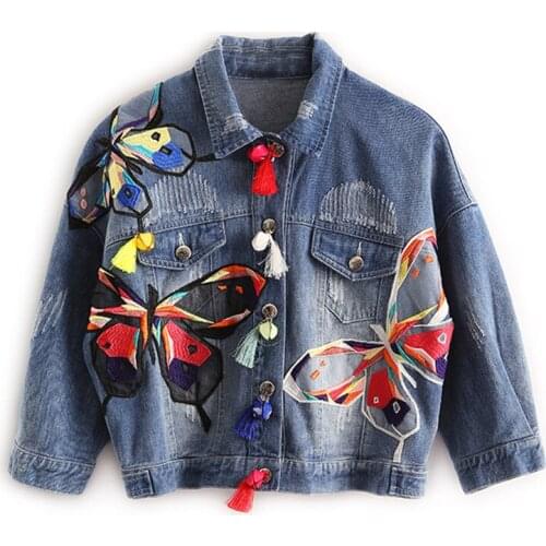 2021 Women Butterfly Pattern Embroidery Denim Jacket Turn Down Collar Coat Outwear