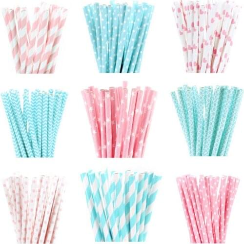 25pcs/Lot Light Pink Blue Paper Drinking Straws Baby Shower Wedding Party Birthday Decoration Supplies
