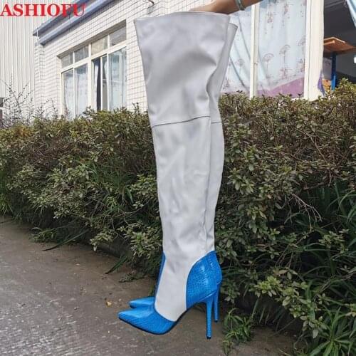 ASHIOFU Real Photos Women Thigh High Boots Faux-leather High Heel Patchwork Over Knee Boots Winter Plus Size Fashion Boots Shoes