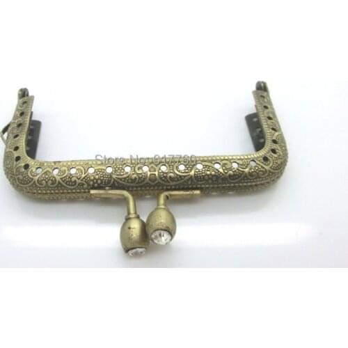 Free Shipping-3PC Metal Frame Kiss Clasp Arch For Purse Bag Antique Bronze Clear Rhinestone Ball Carved 9cm x 6.3cm ,J2580