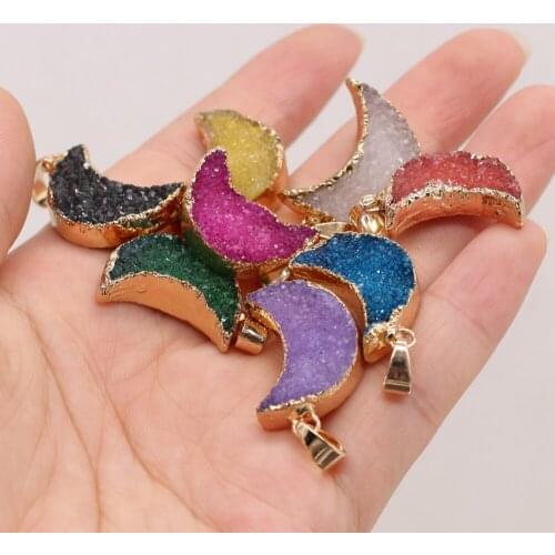 Fine Natural Stone Agates Druzy Pendants Moon Shape Gold-plate Druzy Crystal for Jewelry Making Women Necklace Earrings Gifts