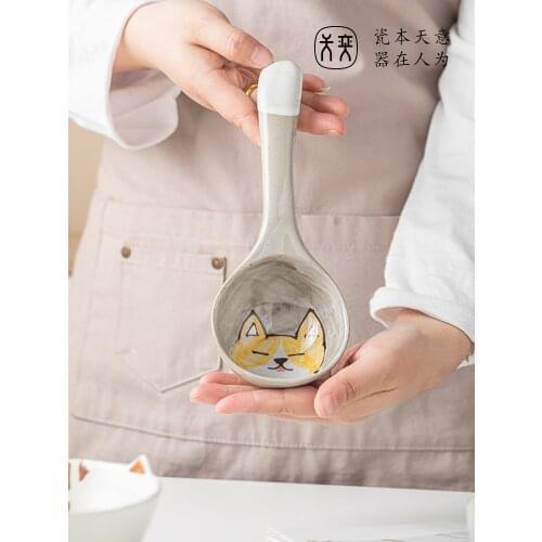 Handmade Ceramic Spoon Porridge Porcelain Soup Cute Creative Long Handle Large Family Kitchen Spoon
