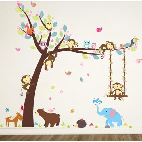 Forest Animals Wall Sticker Monkey Bear Tree For Kids Room Children Wall Decal Nursery Bedroom Home Decor Mural Art Poster