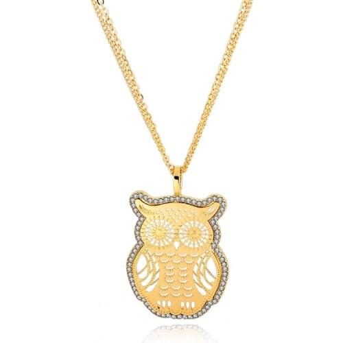 Cute Gold Owl Necklaces Pendants With Austrian Crystal Vintage Chain Long Necklace Summer Collection Animal Jewelry SNE150887