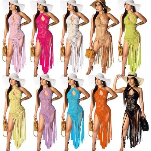 Fashion Women Crochet Bikini Dress Cross Halter Neck Hollow Out Sexy See Through Tassel Long Beach Dress Holiday Swimwear 2021