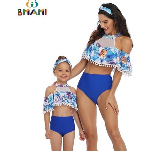2021 New Mother And Daughter High Waist Swimsuit Mommy And Me Swimwear Bikini Family Matching Clothes Outfits Mom Baby Clothing