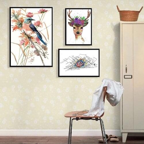 New Modern Pop Posters and Prints Canvas Painting Wall Art Nordic Flower Bird Deer Aniaml Oil Painting for Living Room Decor