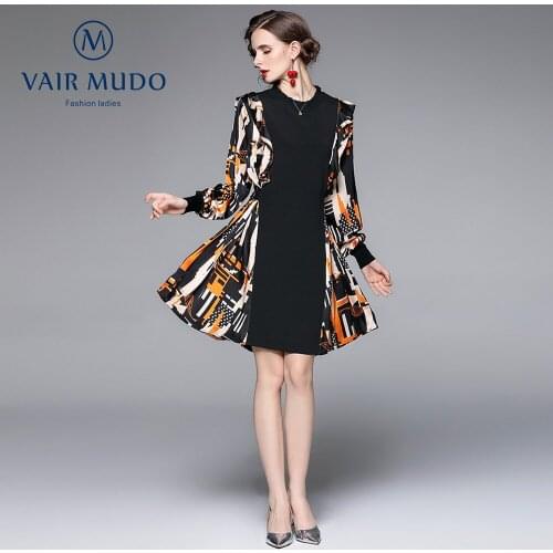 Autumn winter dress 2021 new large size womens printed stitching knitted dress fake two loose and thin mid-lengthY-435