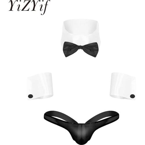 Sexy Men Waiter Roleplay Lingerie Set Tuxedo Costume G-string Thong Jockstraps Gay Male Underwear with Bow Tie Collar Wrist Cuff