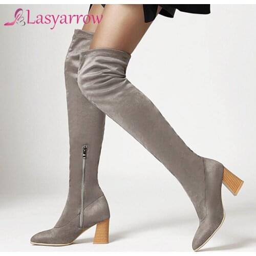 Lasyarrow Party sexy pointed toe flock over knee boots zipper black brown red gray high-heel chunky riding boots womens shoes