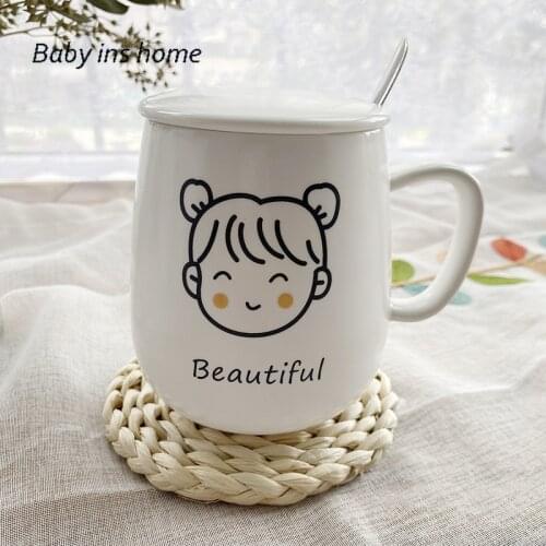 Juice Tea Cup Gift Girl 401-500ml Cartoon Cute Japanese Ceramic Mug Mug with Lid Spoon Water Cup Student Cup Milk Cup Coffee Cup