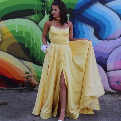 Simple Yellow Prom Dress Long Spaghetti Straps Front Split Formal Evening Party Dress With Pockets Sweep Train Crisscross Back