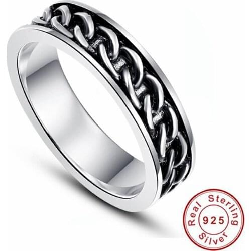 Silver 925 Sterling Silver Mens Black Silver Wedding Ring Curb Chain Band 6mm Rings Trendy Fine Jewelry