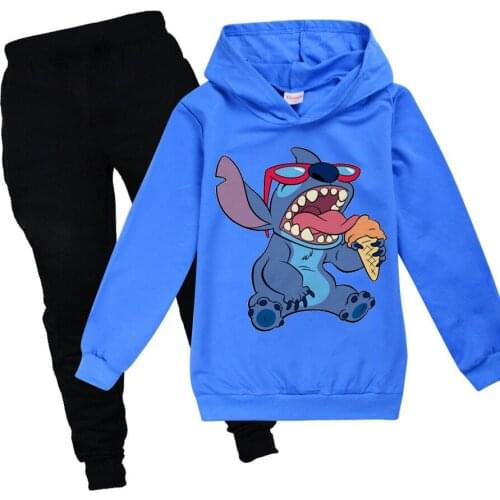 Cartoon Anime Stitch Leisure Sports Suit Long Sleeve Sports Hoodie Pants Teenage Boys and Girls 2 Piece Suit